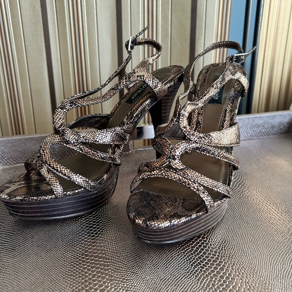 White House Black Market Shoes - Metallic snake print heels